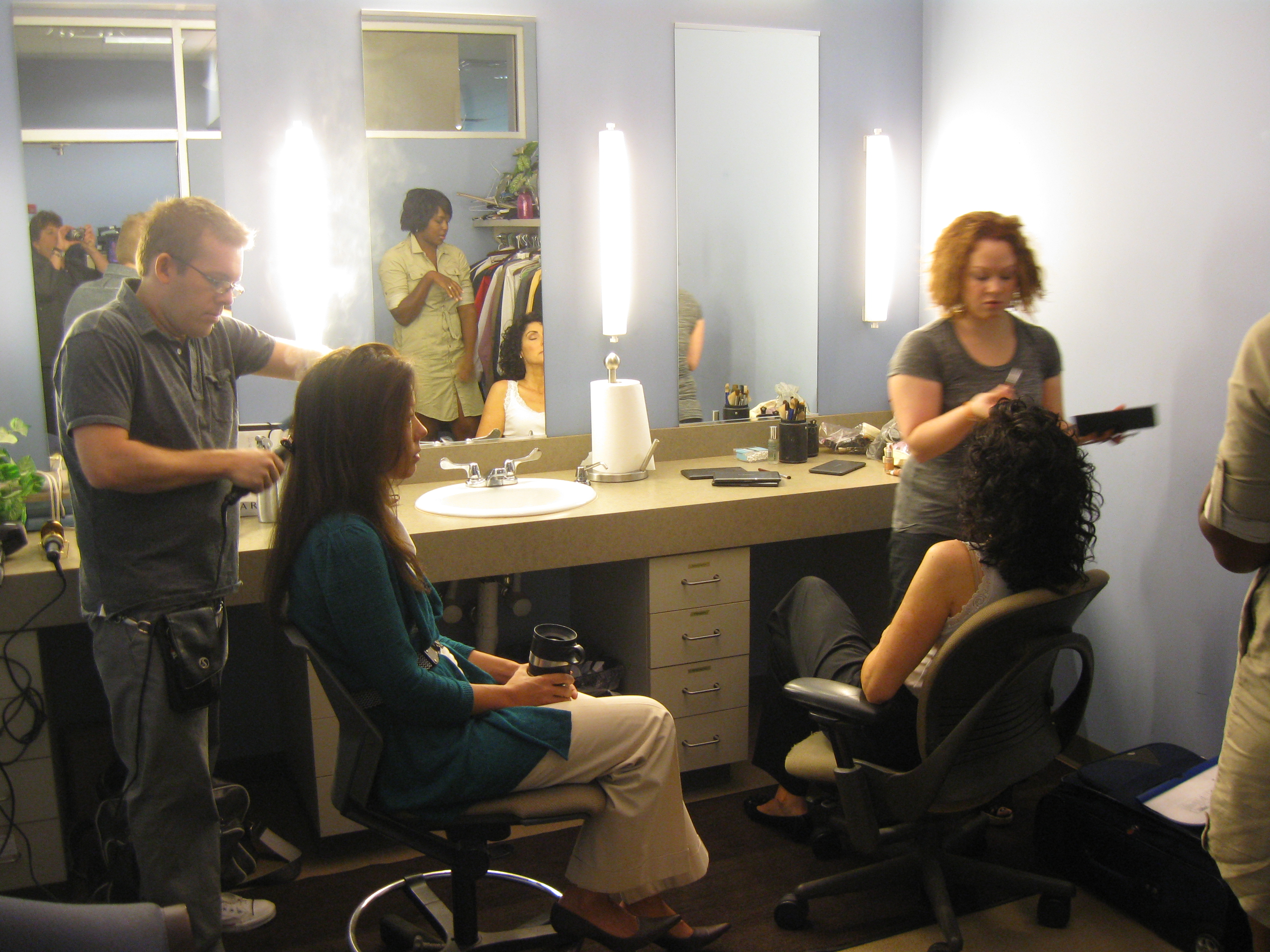 hair and makeup in green room at Fox 59